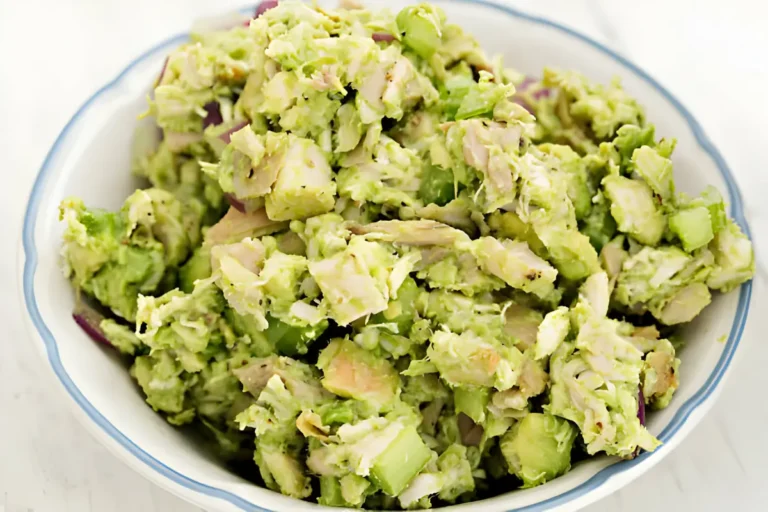Healthy Avocado Chicken Salad served on a white plate