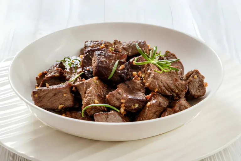 A close-up view of juicy garlic steak bites on a plate. The steak bites are golden brown and caramelized on the outside, with tender, medium-rare steak in the center. They are drizzled with a garlicky butter sauce and garnished with fresh parsley.