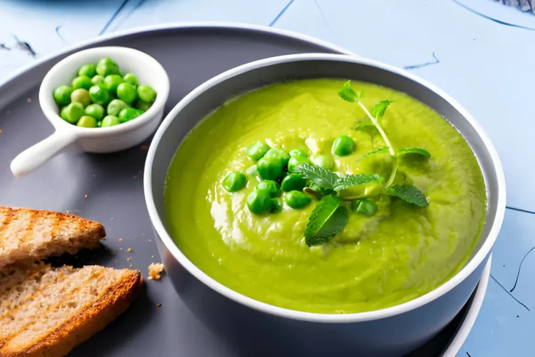 Bowl of creamy green pea soup garnished with fresh mint